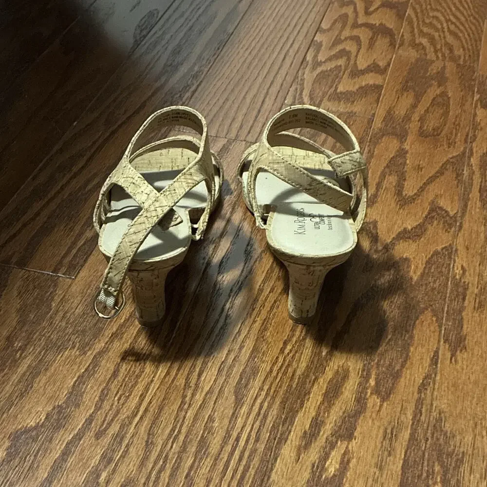 Kim Rogers Cork Strappy Buckle Comfort Open Toe Heels Beige Womens 7.5M